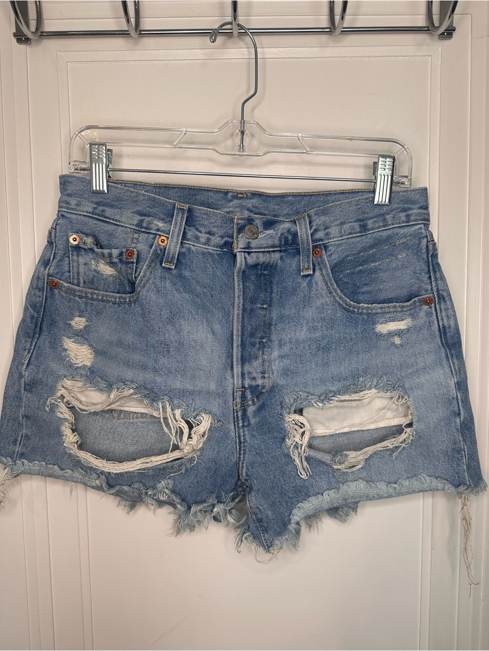 Levi's Light Blue Distressed High-Rise Denim Shorts